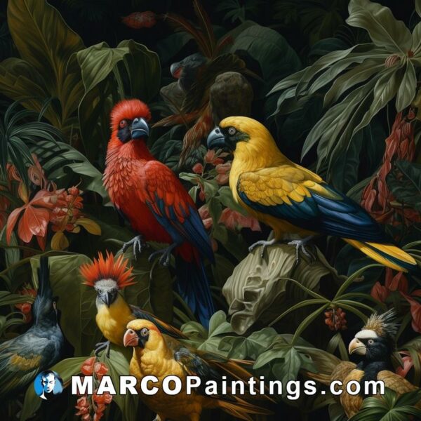 A painting of several birds in the jungle with a colorful background