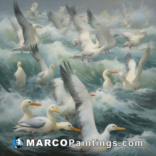A painting of several white seagulls that are in the water
