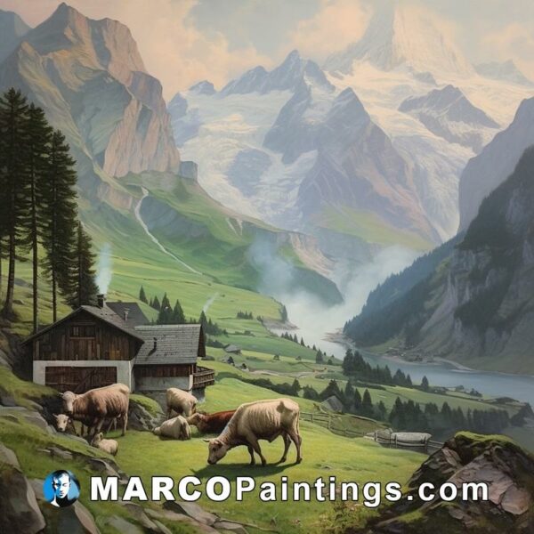 A painting of sheep grazing in a field by a lake in the mountains