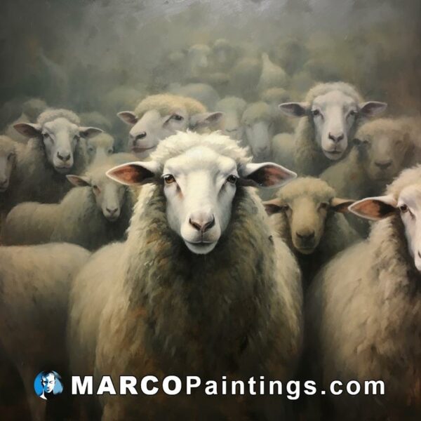 A painting of sheep in groups of