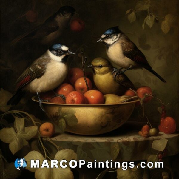 A painting of some birds sitting in a bowl of fruit