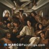 A painting of some people in an airplane with more planes