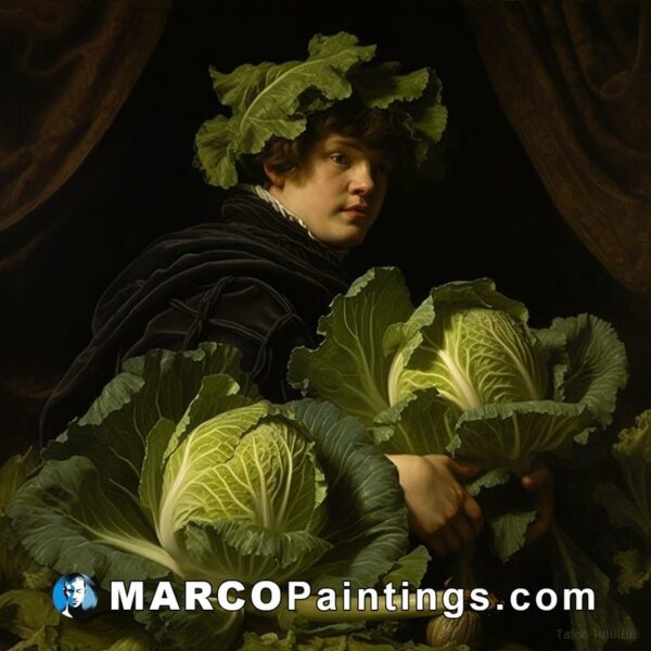 A painting of someone holding cabbages