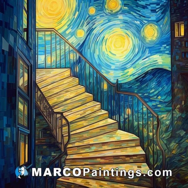 A painting of stairs in a brown building with a starry sky