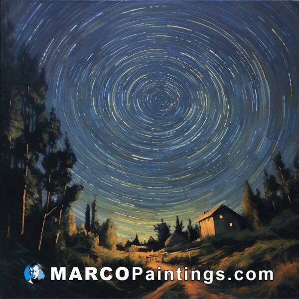 A painting of star trails over a house