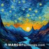 A painting of starry night and mountains