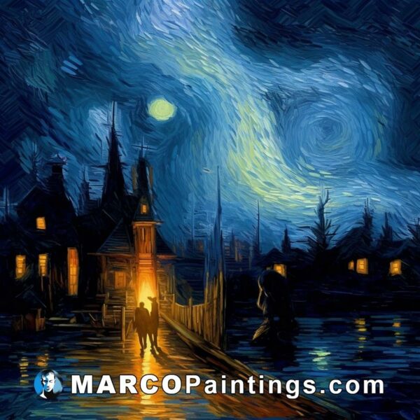 A painting of starry night on the water