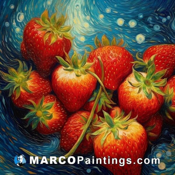 A painting of strawberries in the bowl of blue