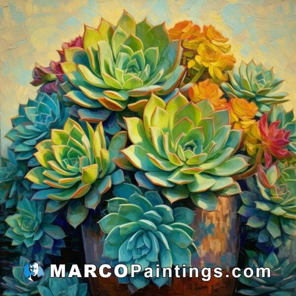 A painting of succulents in a pot of oil on canvas