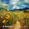 A painting of sunflowers along an old path in tuscany
