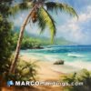 A painting of the beach with coconut trees and water