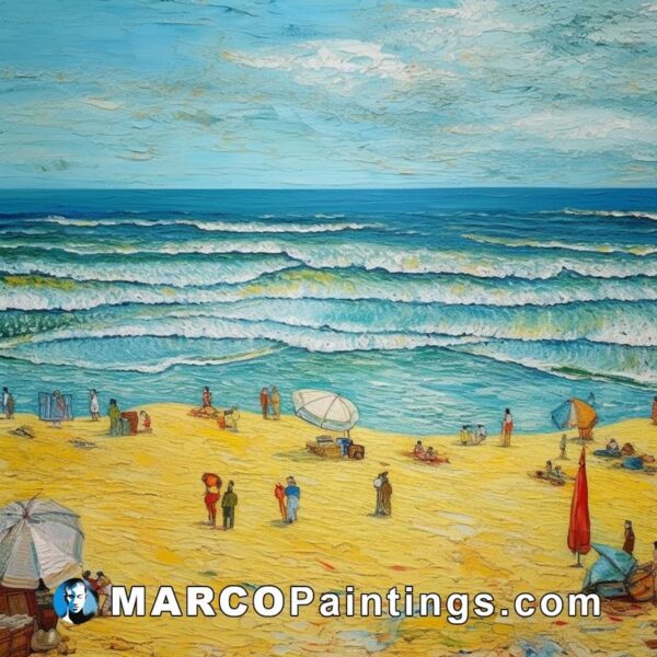 A painting of the beach with umbrellas