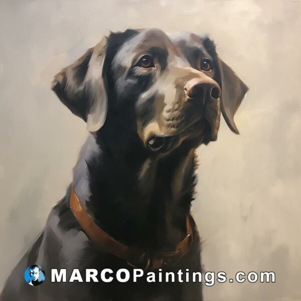 A painting of the black labrador looking up