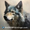 A painting of the head of a grey wolf
