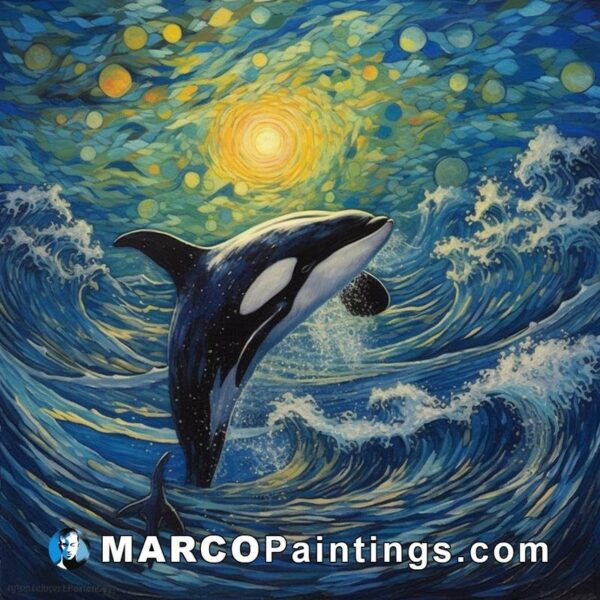 A painting of the killer whale at sunset