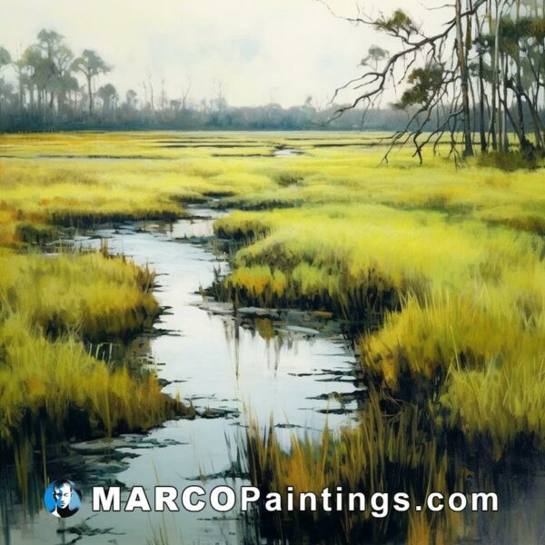 A painting of the marsh in yellow with a flowing stream