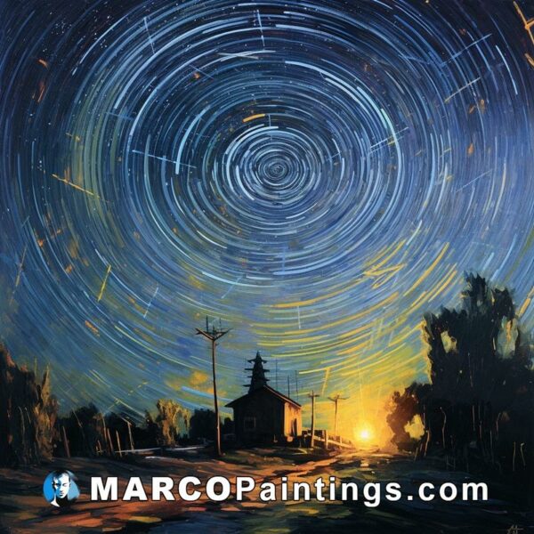 A painting of the night sky and houses