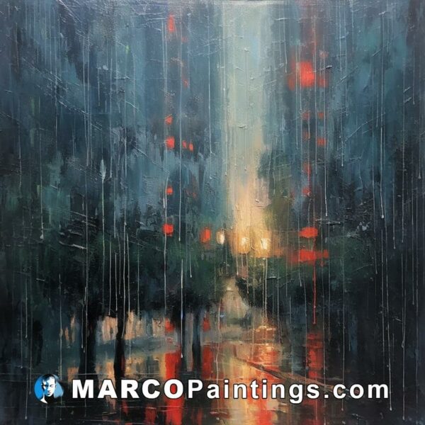 A painting of the rainy night on a city street
