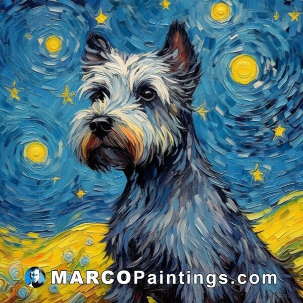 A painting of the starry night sky and a terrier