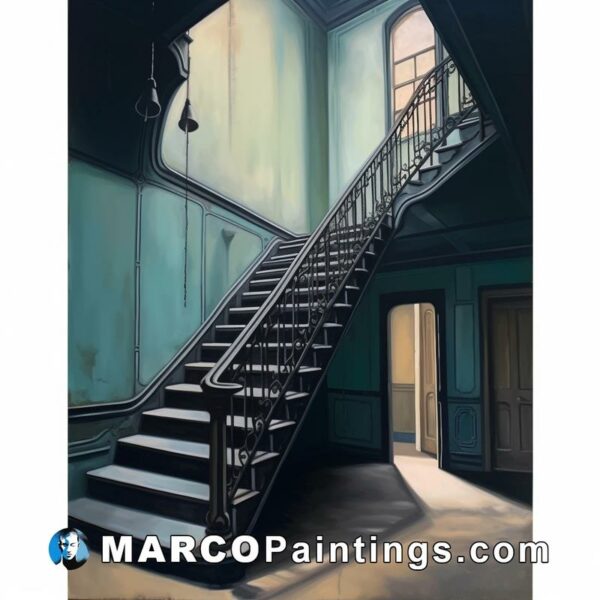 A painting of the steps inside an old building