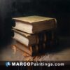 A painting of three books with liquid flowing onto them