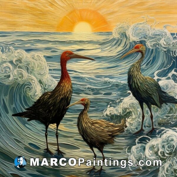 A painting of three cranes standing in the ocean