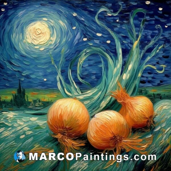 A painting of three onions in a field of stars