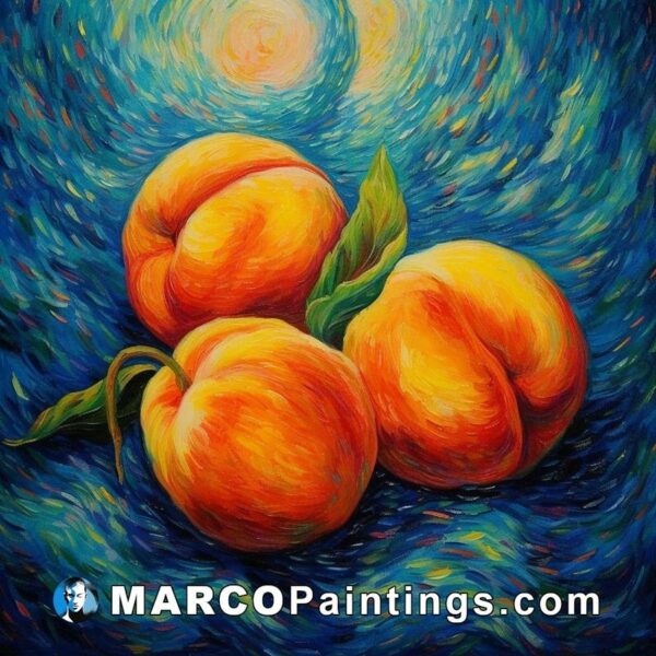 A painting of three peaches on a blue background