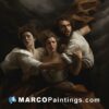 A painting of three people who are holding each other through storms