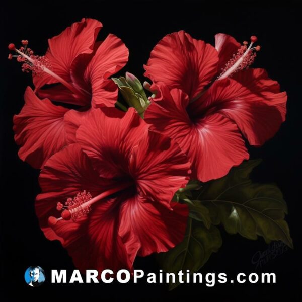 A painting of three red hibisces against a black background