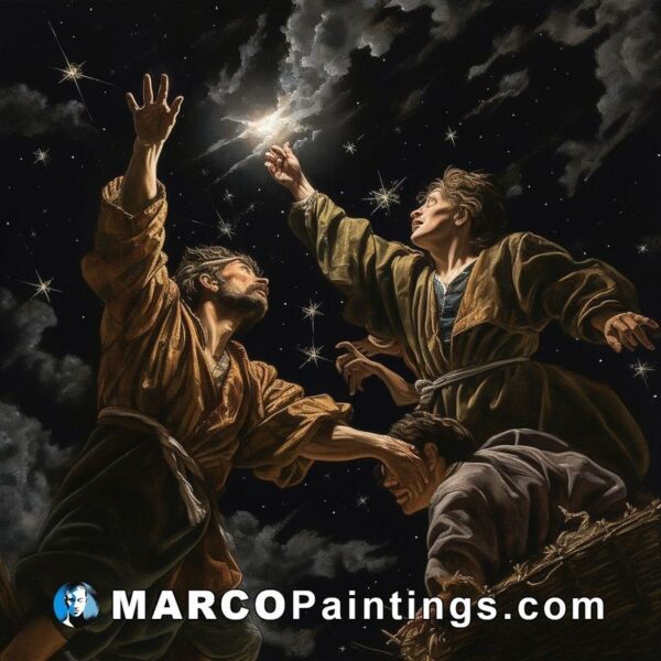 A painting of three religious men reaching up to the stars in the sky