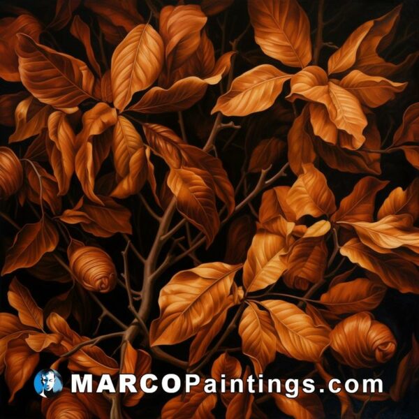 A painting of trees and leaves in burnt orange against a black background