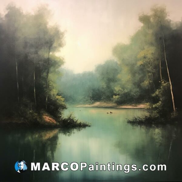 A painting of trees surrounded by water in the forest
