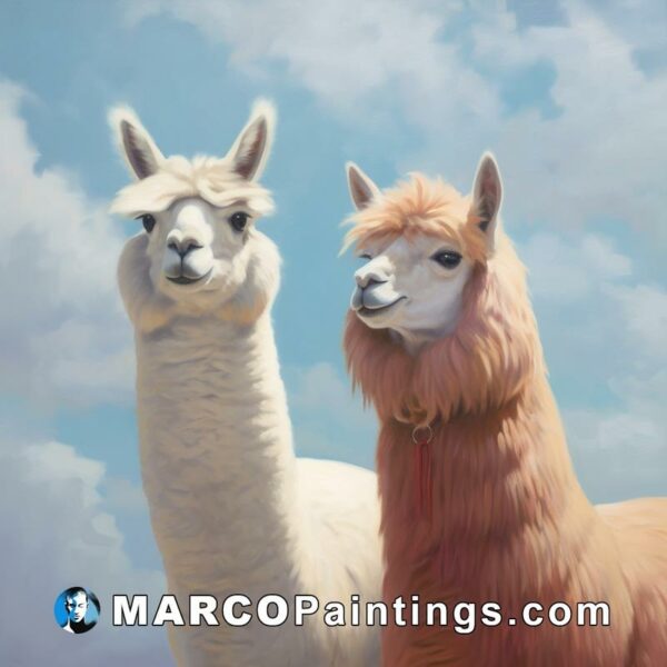 A painting of two alpacas standing in a field