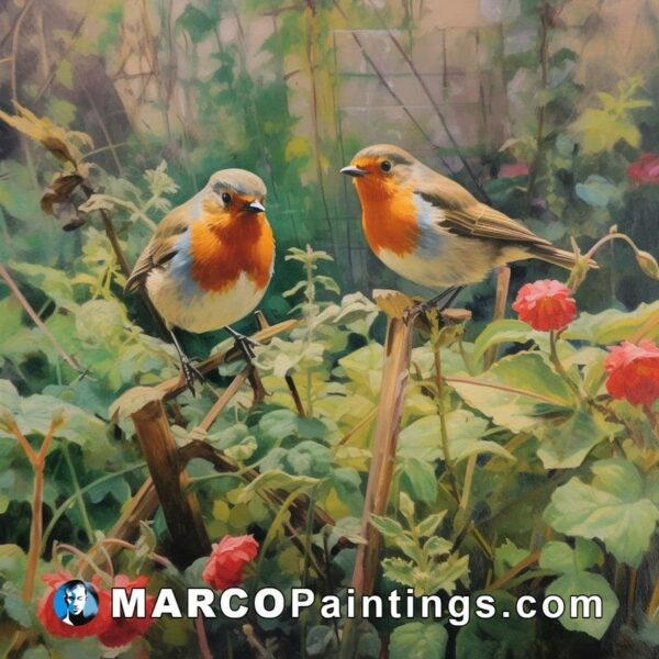 A painting of two birds in a garden