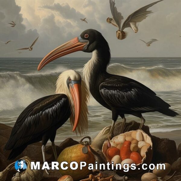 A painting of two birds sitting in the ocean next to some food