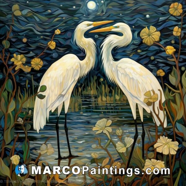 A painting of two birds standing in a pond at night