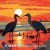 A painting of two birds standing on the beach at sunset
