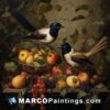 A painting of two birds with fruit