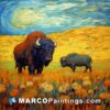 A painting of two bison are in a field in front of a large blue sky