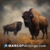 A painting of two bisons standing in a grassy field