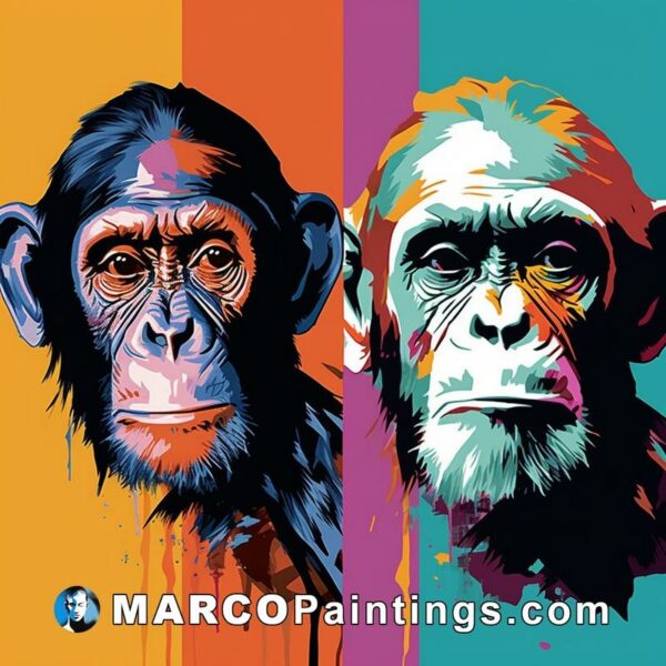 A painting of two chimp head face on two different colors