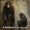 A painting of two chimpanzees on a stool