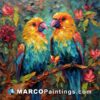 A painting of two colorful parrots sitting on a branch
