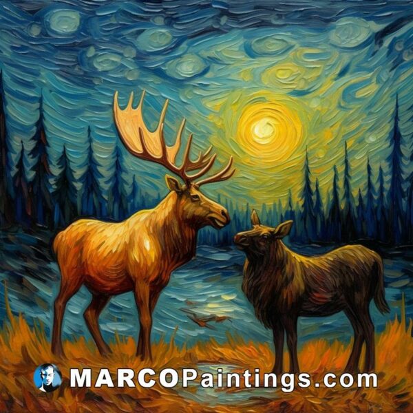A painting of two elk standing next to each other by moonlight