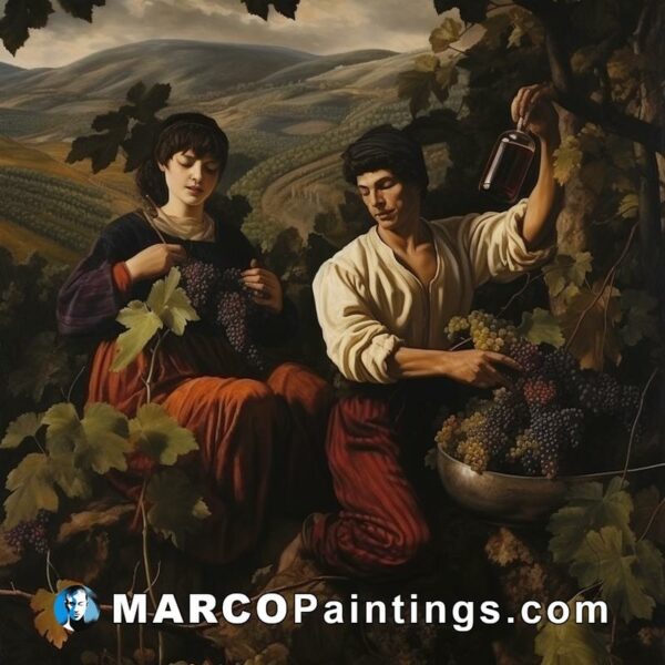 A painting of two grape collecting people in the countryside