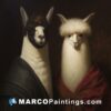A painting of two llamas in dresses