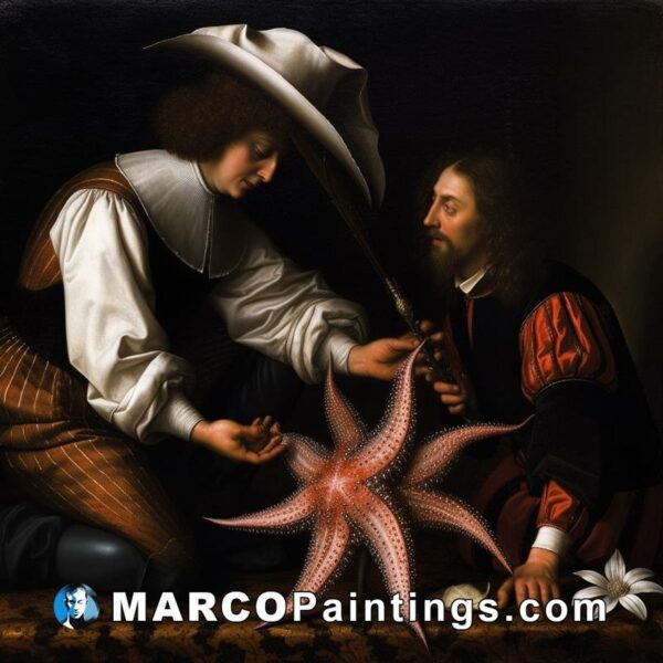 A painting of two men looking at a starfish