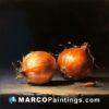 A painting of two onions on a table in front of a black background