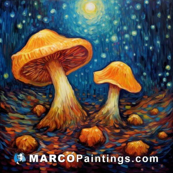 A painting of two orange mushrooms in the night